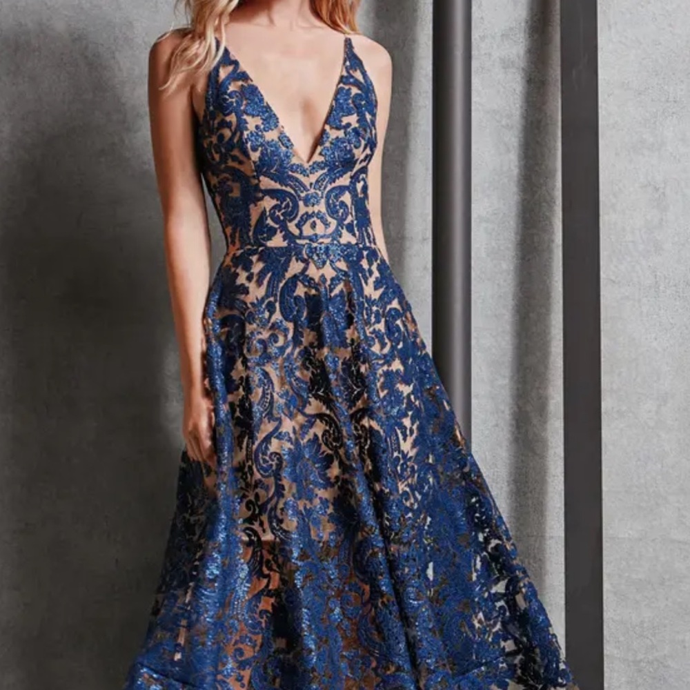 Navy Floral nude Lace Maxi Dress embellished flare fit Sz XL